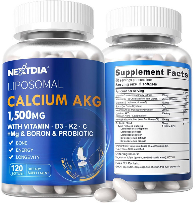 리포좀 칼슘 AKG 1500mg + D3 + K2 + 마그네슘 + 유산균 포함 120정, 1개