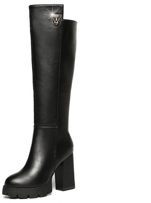 HANLIN 가을 겨울 여성 가죽 통굽 지퍼 가보시 신발 롱 부츠 힐 키높이 10CM Z0R97K