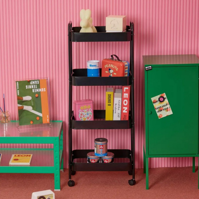 비아베네또 이동식 트롤리 틈새 선반 수납 철제 바퀴 미니 트롤리 3단, 블랙, 4단