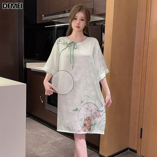 QRU 新中式睡裙冰絲女夏季印花爆款高級感國風家居服絲綢直播
