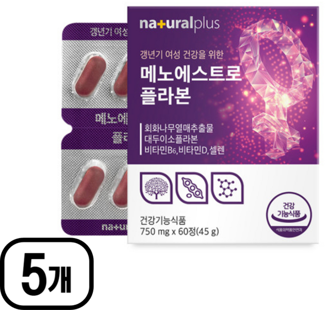 갱년기 여성 건강 회화나무 열매 추출물 소포리코사이드 대두이소플라본 뼈건강 비타민D 미네랄, 60정, 5통