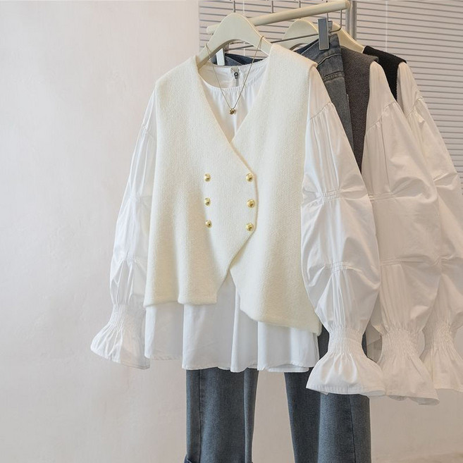 여성 시크 레이어드 니트 조끼 봄가을 패션 언밸런스 니트 나시 베스트 루즈핏 고급스러운 민소매 상의 WMY