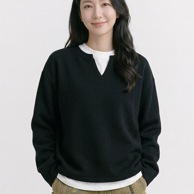 나바바 NT3255 여성 캐주얼 레이어드 배색 루즈핏 라운드넥 긴팔 맨투맨 티셔츠