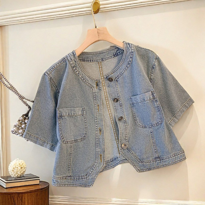 별후이 여성용 여름 데일리 데님 점퍼 숏 반팔 청자켓