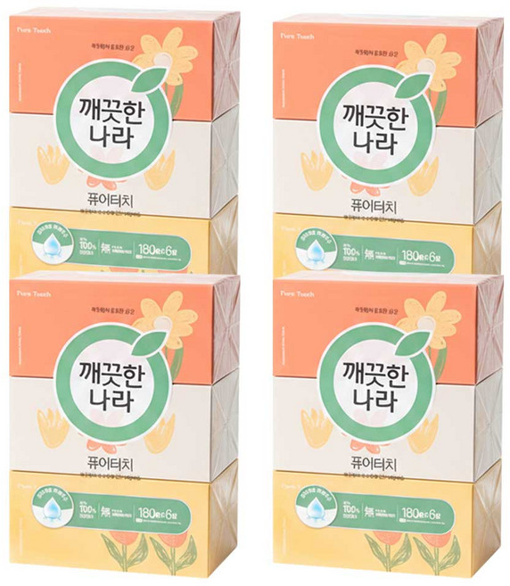 깨끗한나라 퓨어터치 각티슈 미용티슈 180매 6개입 4팩, 4개