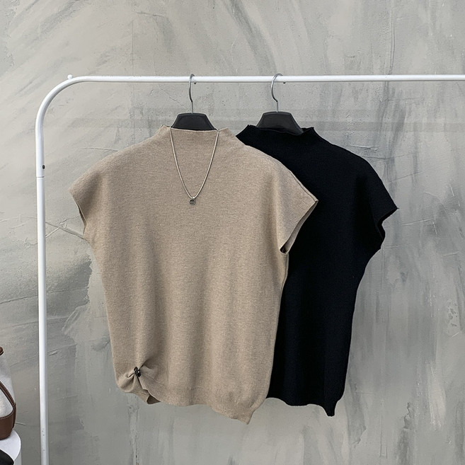 행복여 1+1 미오 드롭숄더 반 하이넥 기본 반팔 니트