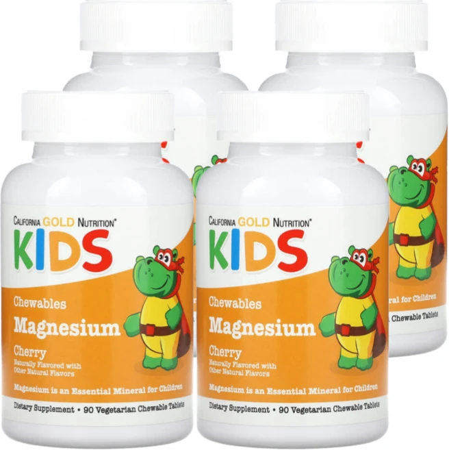 캘리포니아골드 뉴트리션 어린이용 츄어블 마그네슘 체리 맛 베지 정제 90정, 4팩 - 쿠팡