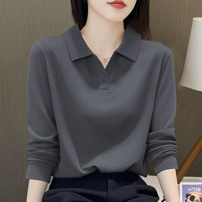 빅사이즈 여성 순면 봄 가을 티셔츠 여자 캐주얼 카라 긴팔 티셔츠 상의