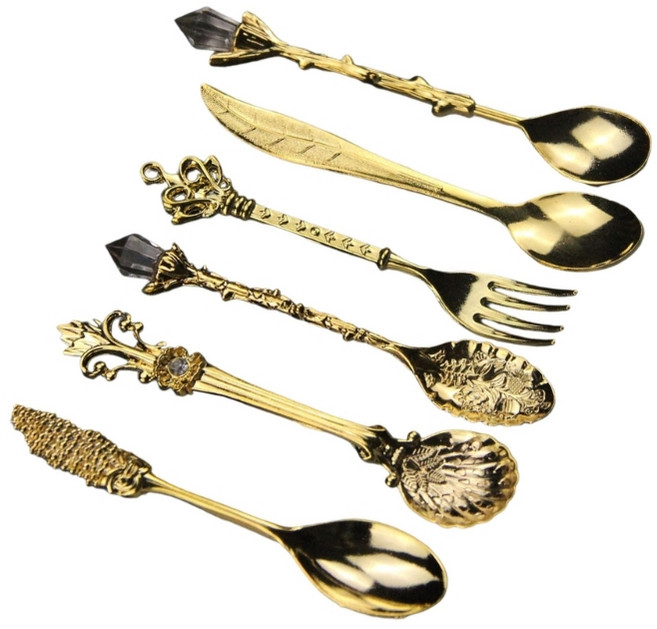 홈 티 파티를 위한 우아한 빈티지 디저트 커피 스푼 6개 팩 크리스탈 아연 합금 조각 교반 도구, Gold