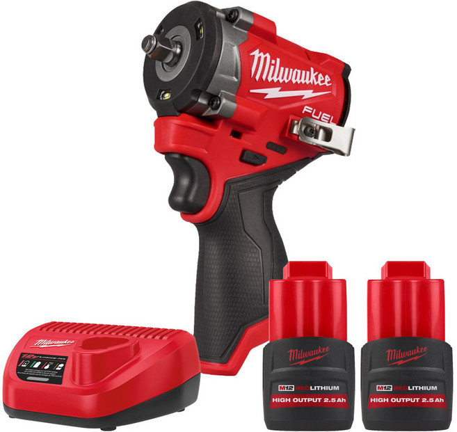밀워키 M12 FIW2F38-252 충전 임팩트 렌치 12V 2.5Ah 고출력 배터리 2개 세트, 1개