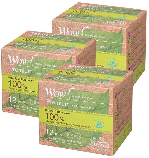 와우 프리미엄 오가닉 코튼 커버 생리대 날개형, 중형, 12개입, 3개