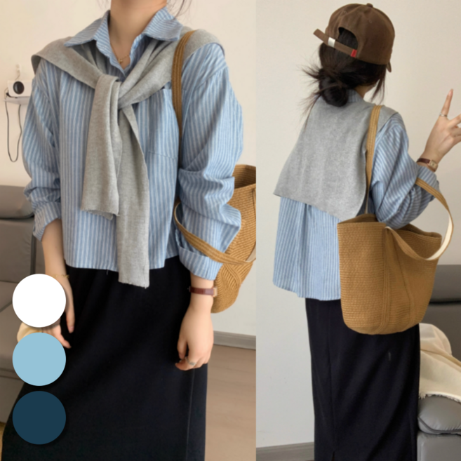 핏몬 여성 어깨숄 세미크롭 스트라이프 긴팔 셔츠