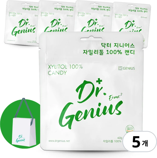 [양심치과입점] 닥터 지니어스 무설탕 자일리톨 100% 캔디 핀란드산, 40g, 5개 - 쿠팡