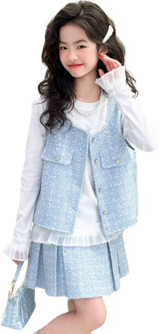 삐삐네옷가게 블루 트위드 베스트 스커트 상하 세트 주니어 여아