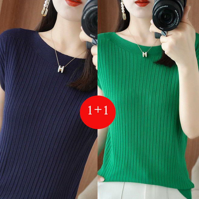 1+1 여성 니트 여름 캐주얼 라운드 반팔 티셔츠