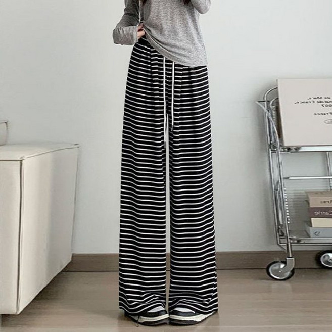 스타일아유 여성 하이웨스트 스트라이프 와이드팬츠 루즈핏 트렌디 캐주얼 데일리 바지 LP1122