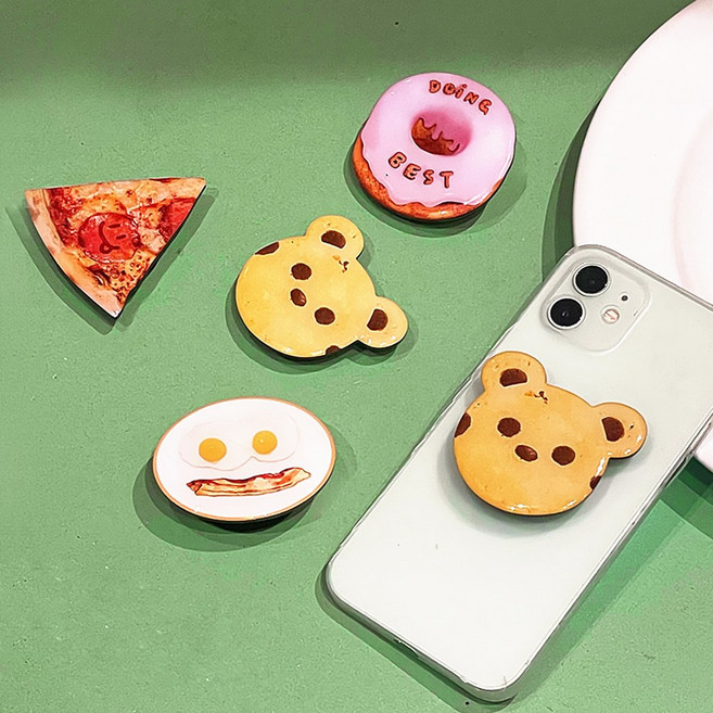 한입마켓 핀테이블 그립홀더 귀여운 빵 에폭시 3단 스마트폰 그립홀더 4종(엽서 스티커 증정) 휴대폰 거치대, Bear cookie(베어 쿠키), 1개