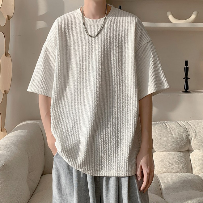 夏季圓領T-shirt短袖上衣 韓版潮流寬鬆落肩涼感百搭五分袖T恤 韓系修身素色T恤