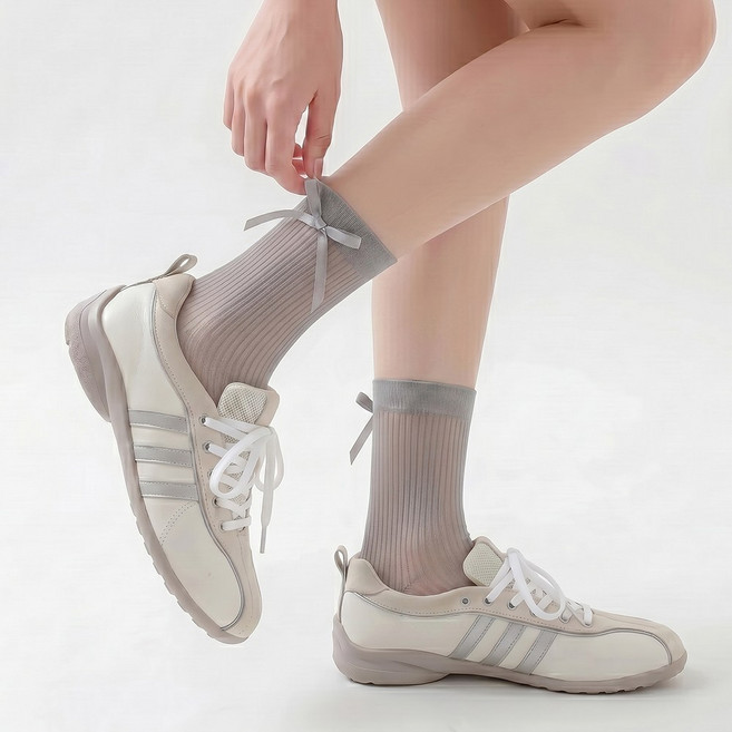 여성 리본 시스루 골지 중목양말 얇은 봄 여름 발레코어 러블리 데일리 삭스 양말