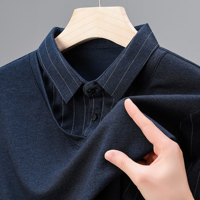 남성 봄가을 중장년 비즈니스 캐주얼 남성 스트라이프긴팔 폴로셔츠