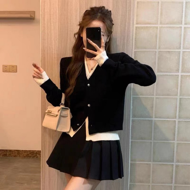 해피유통 여성 가디건 세트 봄 가을 니트 카디건 미니 플리츠 스커트 세트 캐주얼 스타일 mgy