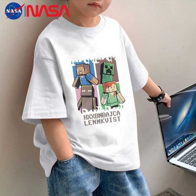 1+1 NASA 마인크래프트 스타일 키즈 반팔 티셔츠 픽셀 캐릭터 프린팅 여름 루즈핏 아동티