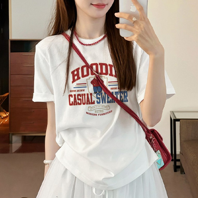 허블리 여성 프린팅 라운드넥 면 반팔 티셔츠