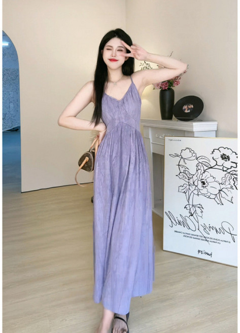 DIU 海邊度假風紫色吊帶連衣裙新款女夏季小個子高級感絕美長裙, L