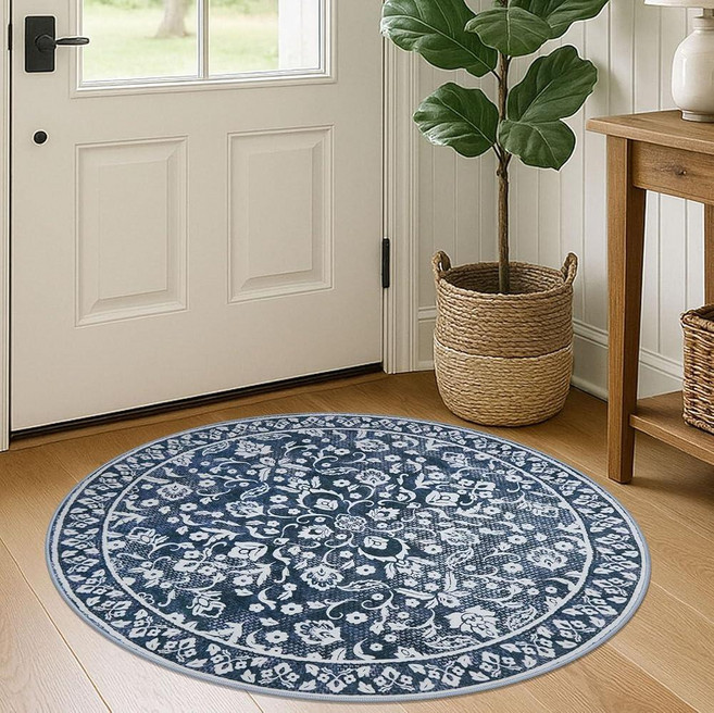 SILOLOOM Navy Round Rug 3 Ft Rugs for Entryway Washable Circle Entrance Rug Non Slip Round Doormat