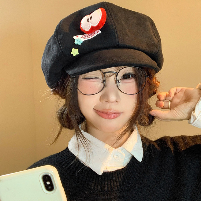 秋冬可愛蘋果麂皮絨刺繡八角帽女 韓系甜美貝雷帽