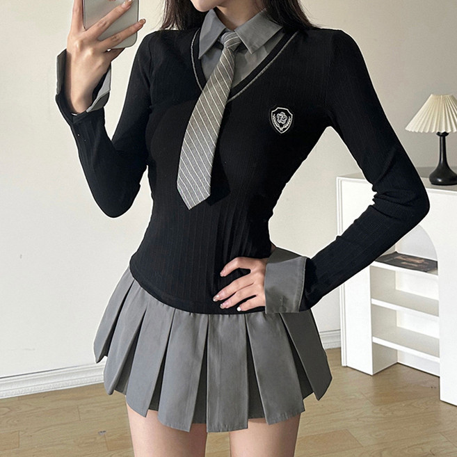 여성 스쿨룩 미니원피스 슬림핏 교복 스타일 레이어링 셔츠 플리츠 스커트 슬림소녀