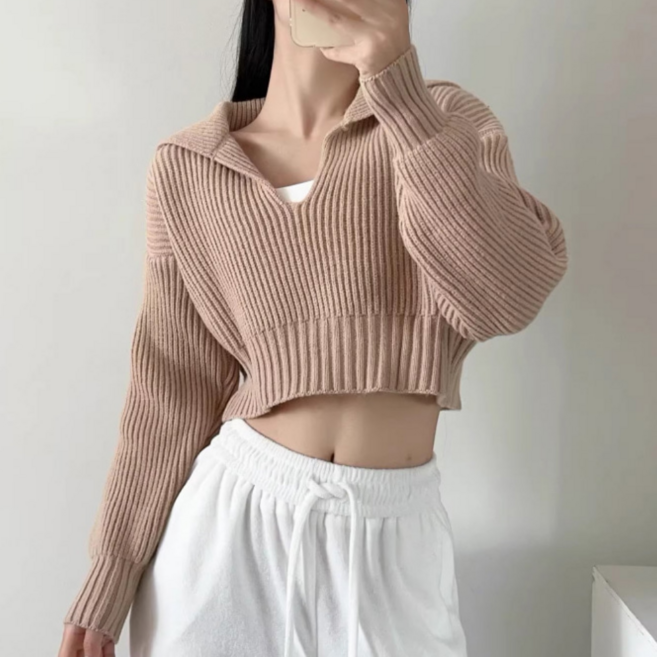 이리즈미아 여성 브이넥 카라 골지 니트 크롭탑 숏니트 롱슬리브 크롭티 간절기 이너
