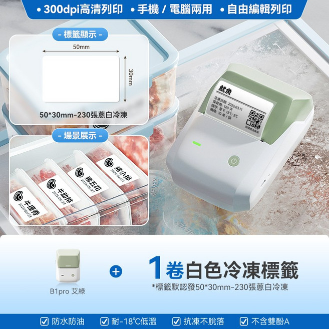 精臣 B1Pro 300dpi 高清熱感式手持便攜標籤機, 1個, B1Pro-艾綠+1捲白色冷凍標籤
