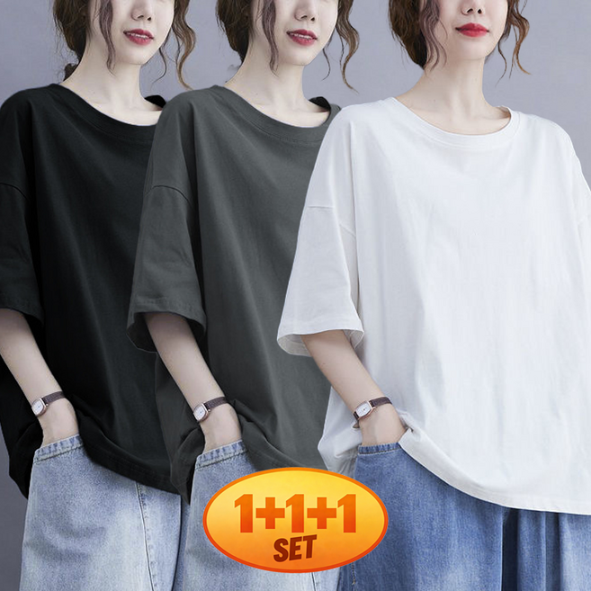 고급감 상의 반팔 예술적 캐주얼 연령감 줄이는 여성용 티셔츠 150KG까지 날씬해 보이는 여성 티셔츠 여름 빅사이즈 루즈핏 1+1+1 3장입