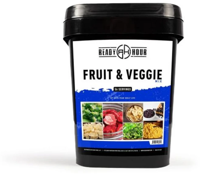 레디아워 과일과 채소 믹스 진짜 부패하지 않는 냉동 건조 식품 30년 유통기한 휴대용 비상 및 모험 공급 내구성 있는 홍수 안전 용기 56인분, 1개 - 쿠팡