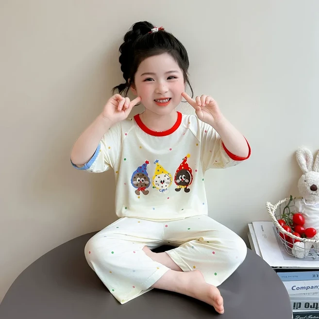 女童夏季薄款卡通圖案印花睡衣套裝