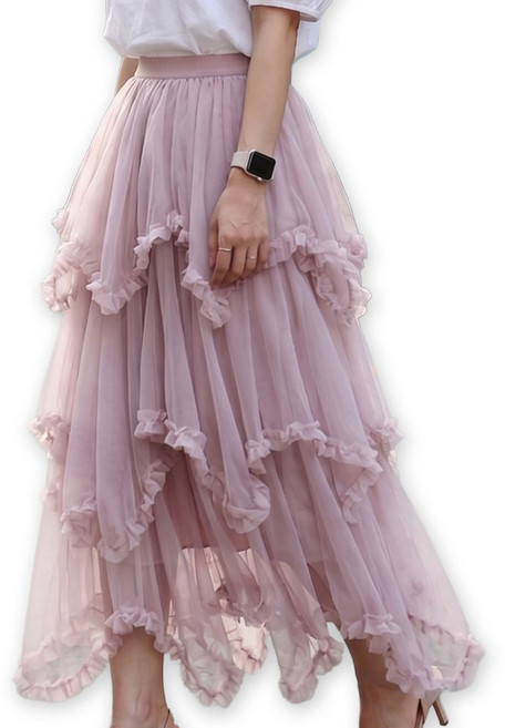 메리앤유 샤랄라 프릴 캉캉 롱 쉬폰 샤 스커트 봄 여름 밴딩