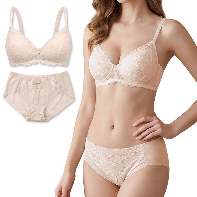 비너스 자스민 레이스 노와이어 브라 팬티 여성 속옷 브래지어 노라인 햄팬티 2종 세트