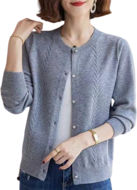 Makone 여성 라운드넥 싱글 브레스트 단색 자카르 캐주얼 루즈핏 티셔츠 니트가디건