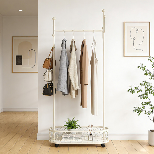 튼튼한 철제 스탠드 행거 블랙 / 바퀴 달린 이동식 옷걸이 수납 선반 포함, 흰색