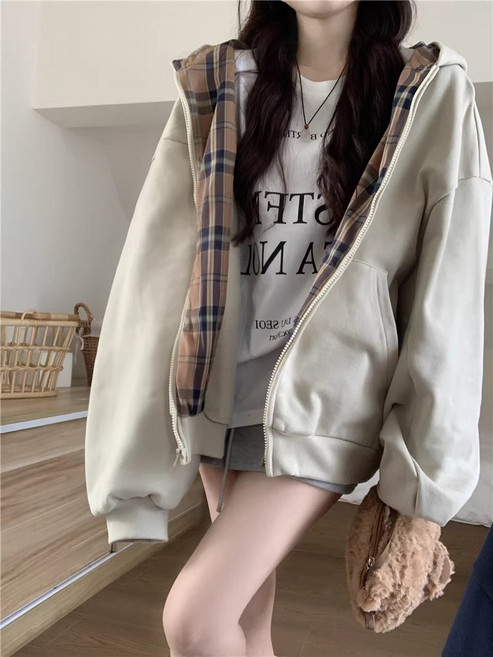 梨卡 女裝格紋連帽衛衣外套 加厚內鋪毛設計 氣質中長版保暖穿搭