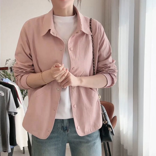 심플 캐주얼 긴팔 셔츠 외투 봄 중년여성 패션 솔리드 카라넥 바람막이 자켓 환절기 통근 데일리룩