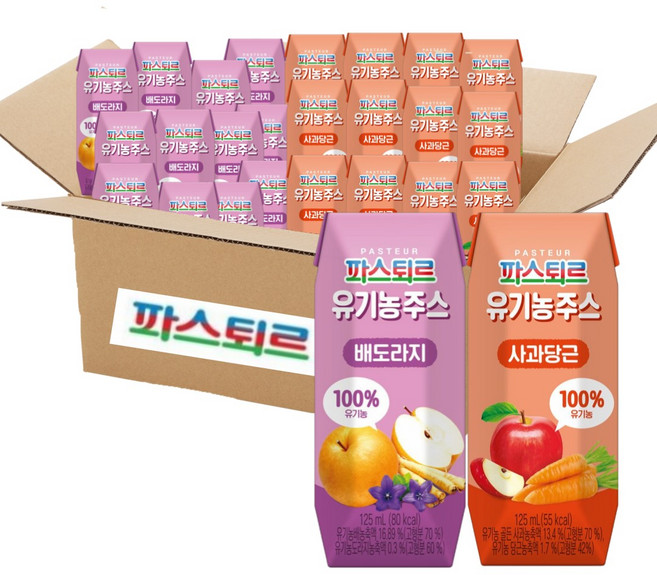 파스퇴르 파스퇴르 유기농주스 2종혼합 125ml 총24팩(사과당근 12입 + 배도라지 12입)