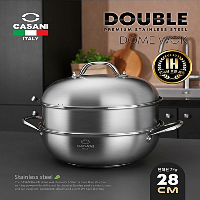 까사니 IH 인덕션 더블 스텐돔웍28cm 스팀 냄비28cm+스텐뚜껑, 1개, 28cm