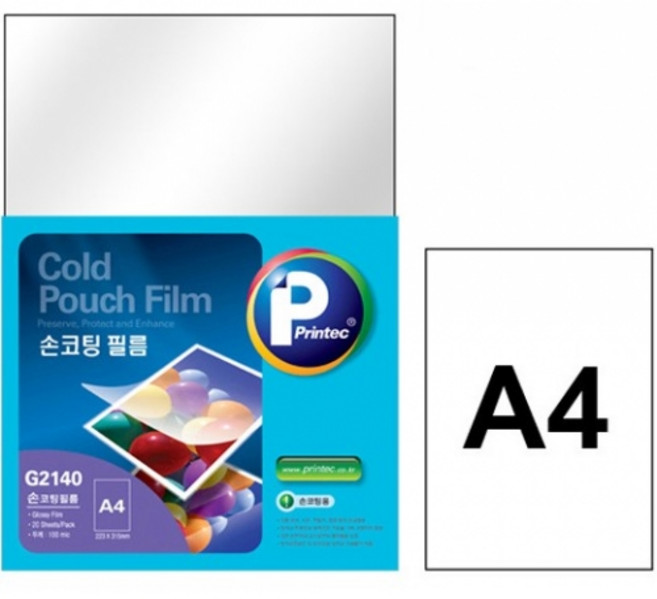프린텍 손코팅필름 A4x20매 (코팅지 사무 코팅용지 OHP필름 라미네이팅 소포장 손코팅), 223x315mm