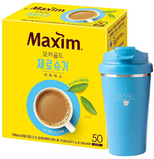 맥심 모카골드 제로슈거 커피믹스 50T + 빅마우스 텀블러, 50개, 1개, 11.5g
