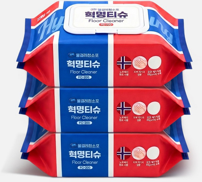 혁명티슈 강력 물걸레 청소포 청소물티슈 바닥청소 FC-200, 3개