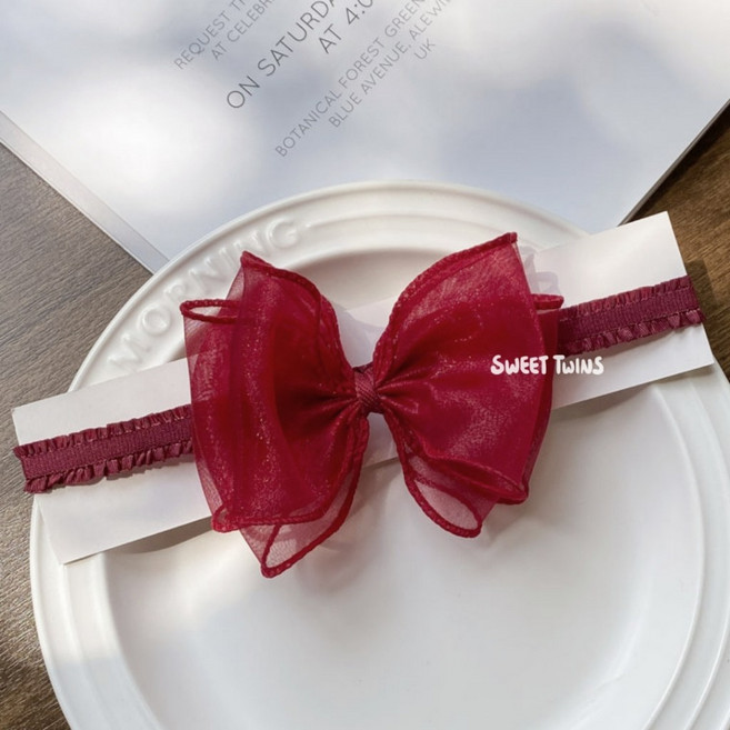 Sweet Twins 三層網紗蝴蝶結髮帶 嬰兒寶寶頭飾 兒童髮飾 酒紅 淺米白 灰色