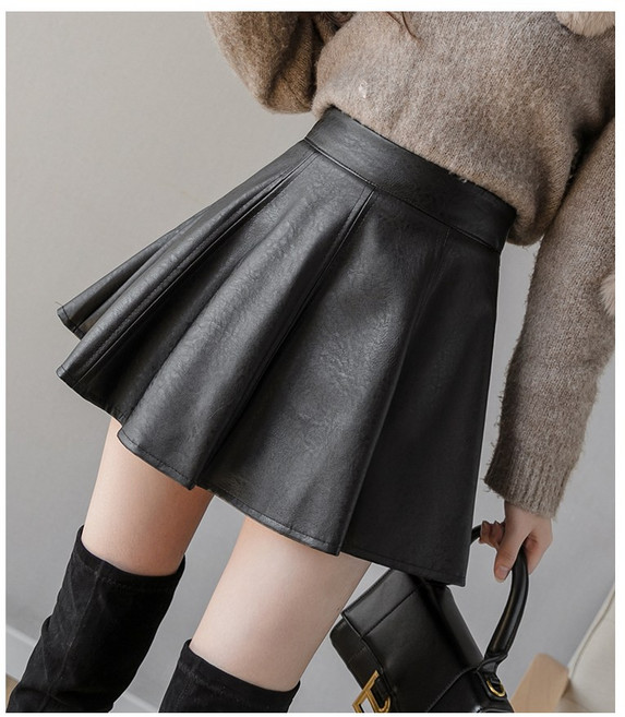 이유무무 NQ-377 모직 가죽 A라인 플리츠 미니 스커트