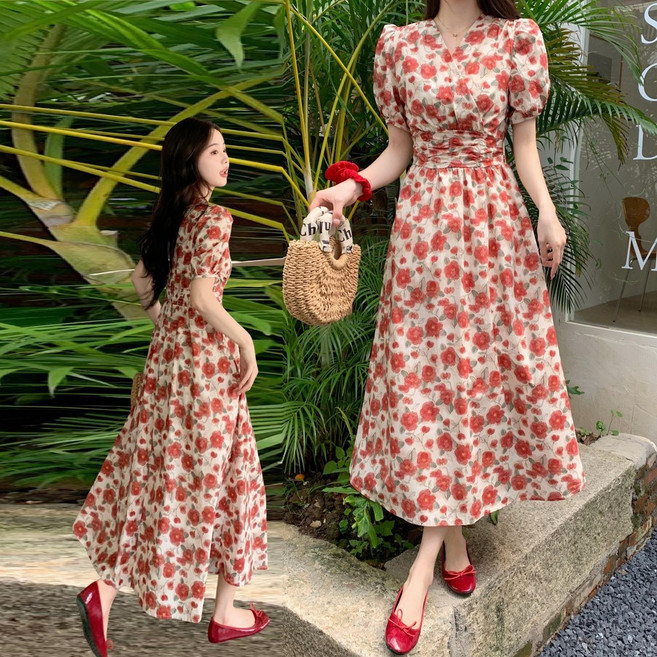 【梨卡】隔日到貨 女裝 洋裝 長裙 連身長裙 碎花洋裝 收腰長裙 顯瘦洋裝 氣質長裙 百搭洋裝 HZ020, 紅色碎花